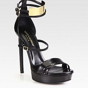 Saint Laurent Black Leather Janis Platform Sandal w/ Gold Plaque Buckle Size 38